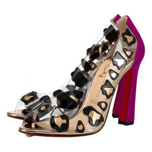 Christian Louboutin Parsefal 100 Black Gold PVC Patent Sandal Heel Pump 37.5